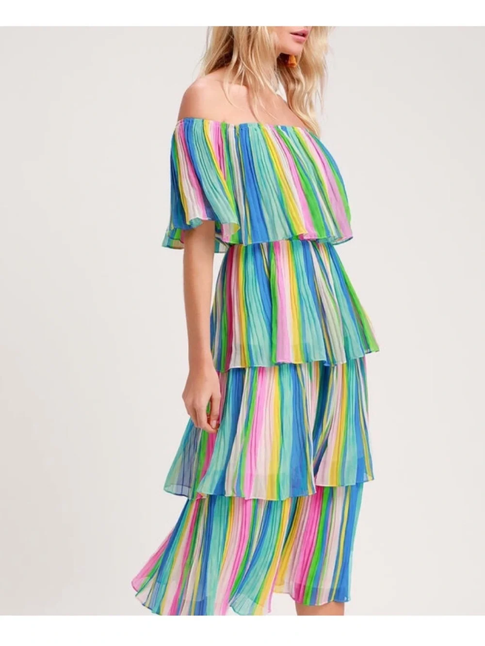 Lulus Gala Ready Multi Stripe Print Off-the-Shoulder Ruffle Midi Dress - Picture 3 of 12
